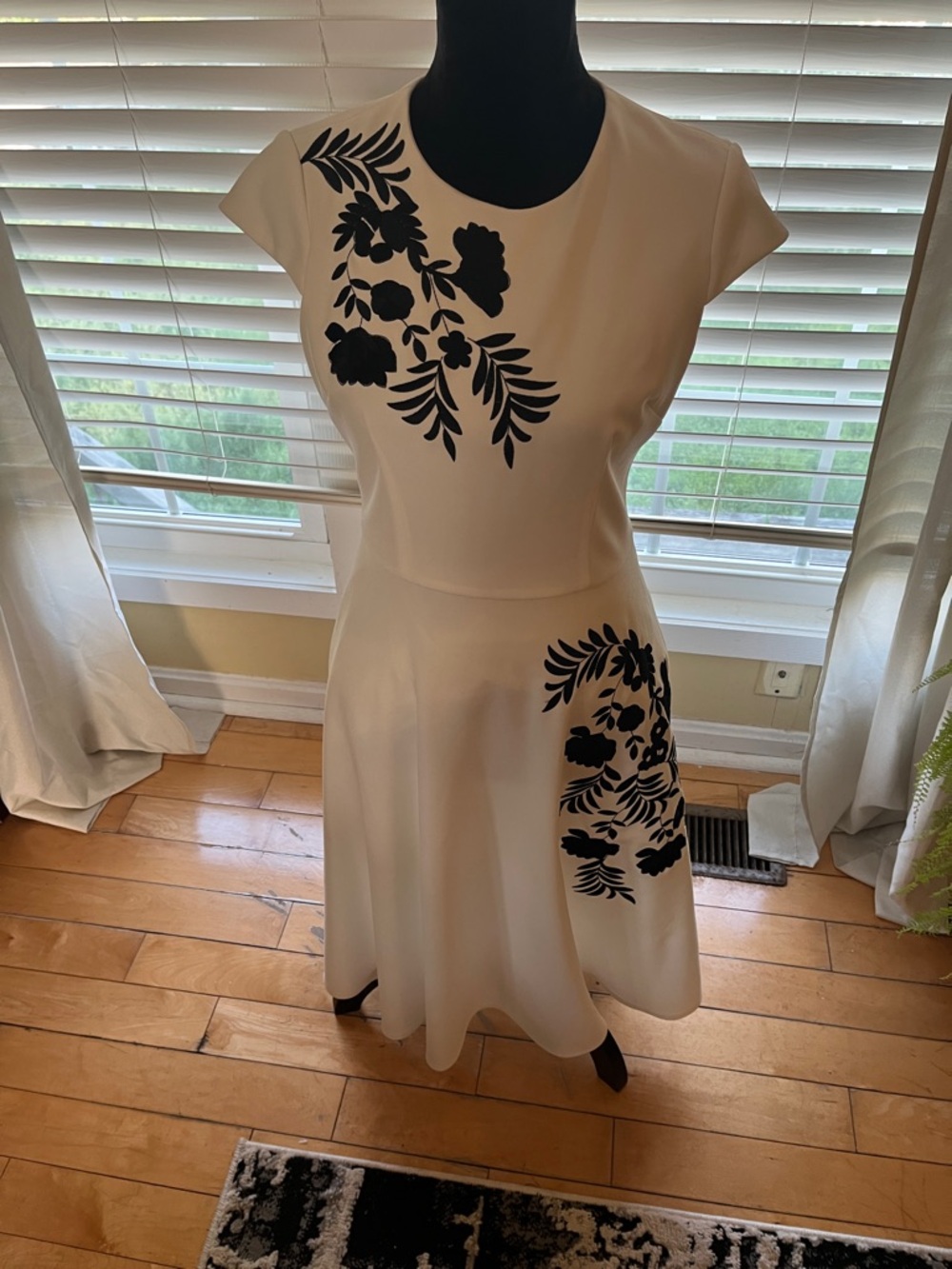 Maggy London White Dress with Black Floral Appliqué